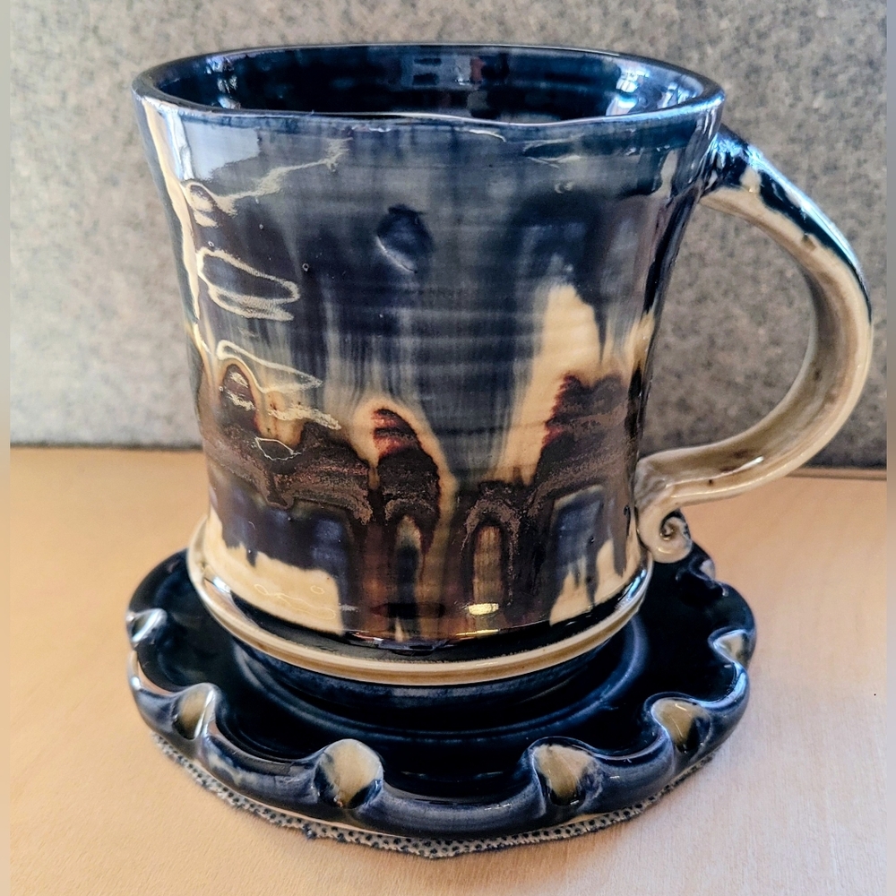 Handcrafted Ceramic Mug with Saucer - Blue and Cream